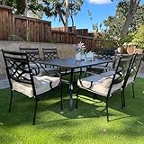 MFSTUDIO 7 Pieces Metal Patio Outdoor Dining Set for 6, Steel Frame Slat Larger Rectangular Table with 1.57" Umbrella Hole and 6 Outdoor Metal Mesh Chairs