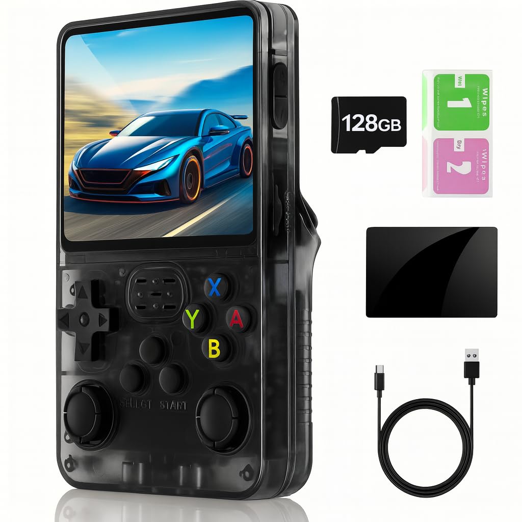 Console di gioco retrò R36S, schermo IPS da 3,5", 128 GB, oltre 20.000 giochi preinstallati, sistema open source basato su Linux/ArkOS, doppio joystick, batteria da 3500 mAh, versione trasparente nera