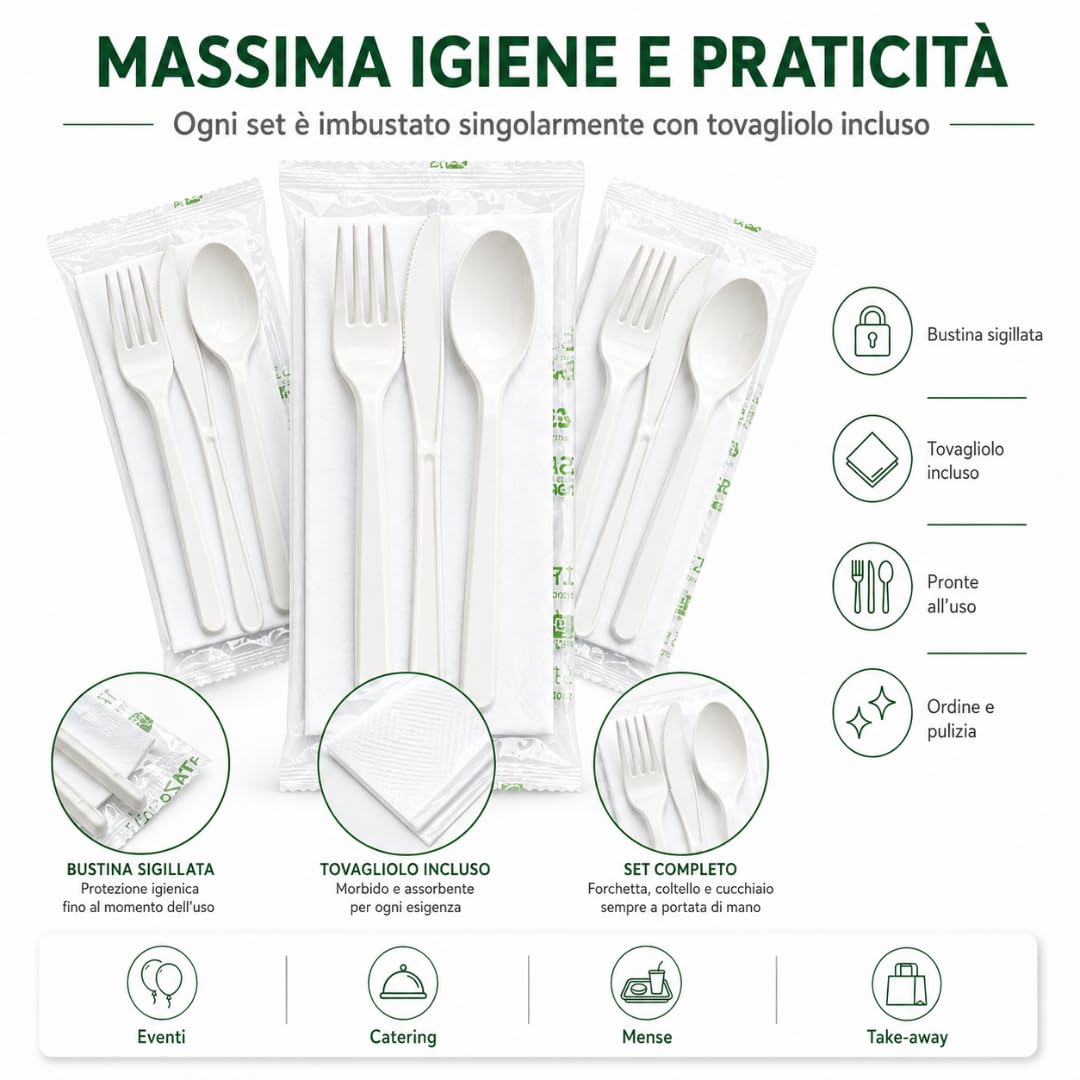 Tris di Posate Riutilizzabili Forchetta, Cucchiaio, Coltello e Tovagliolo Confezione 500 pezzi (500, Tris)