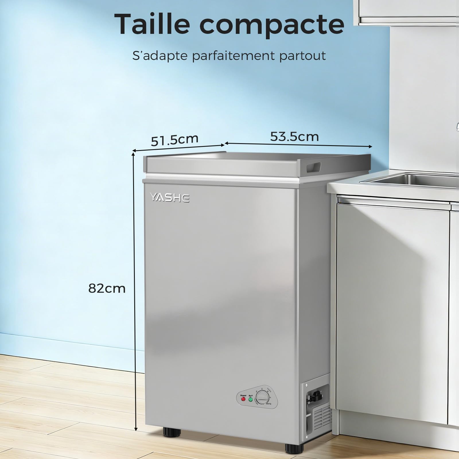YASHE Congélateur coffre 100L, pose libre, Gris | 2 paniers amovibles, 6 niveaux de température, faible consommation d'énergie et fonctionnement silencieux de 45 dB