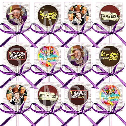 Chocolate River Factory Party Favors Decorations Charlie Movie Bar Golden Ticket Lollipops w/Purple Bows -12 pcs
