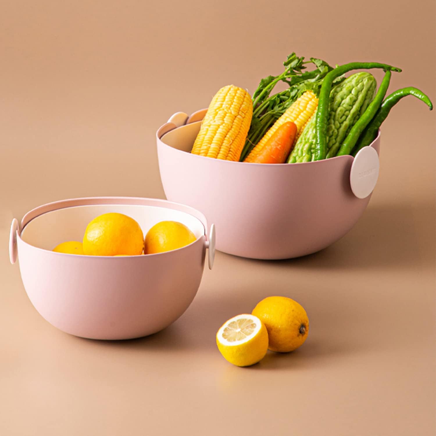 Kitchen Strainer Colander & Bowl 2-in-1 Sets of 2,Strainers for Fruits Vegetables Cleaning Wash（Pink）