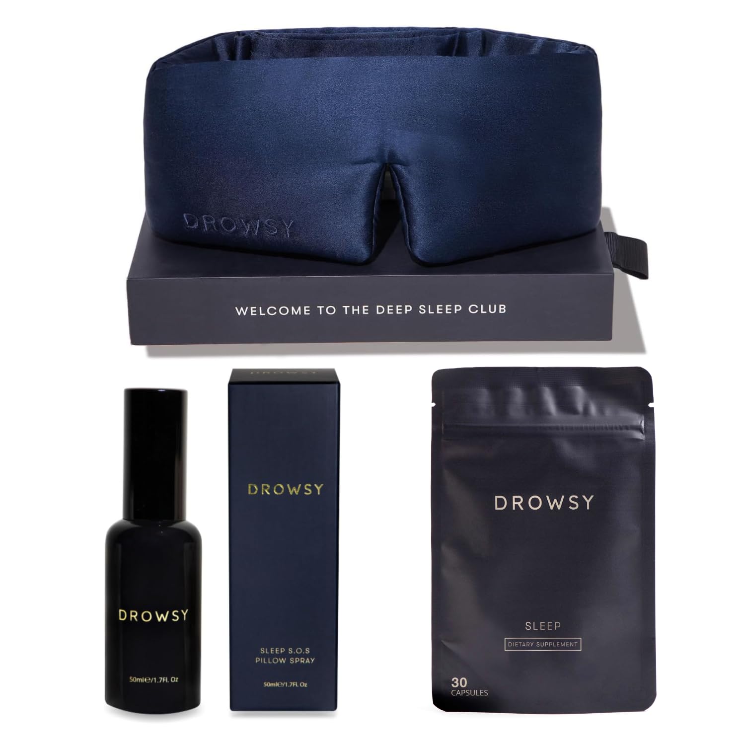 DROWSY Rest Restore Gift Set Silk Sleep Mask Pillow Spray Nighttime Supplement Mulberry Silk Eye Mask Magnesium Sleep