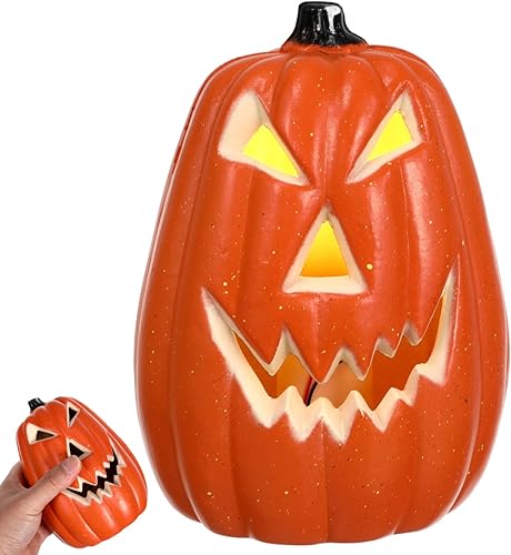 NOLITOY Lámpara de calabaza iluminada de Halloween para mesa, luz LED, calabaza, fantasma, calavera, farol para decoración de interiores y