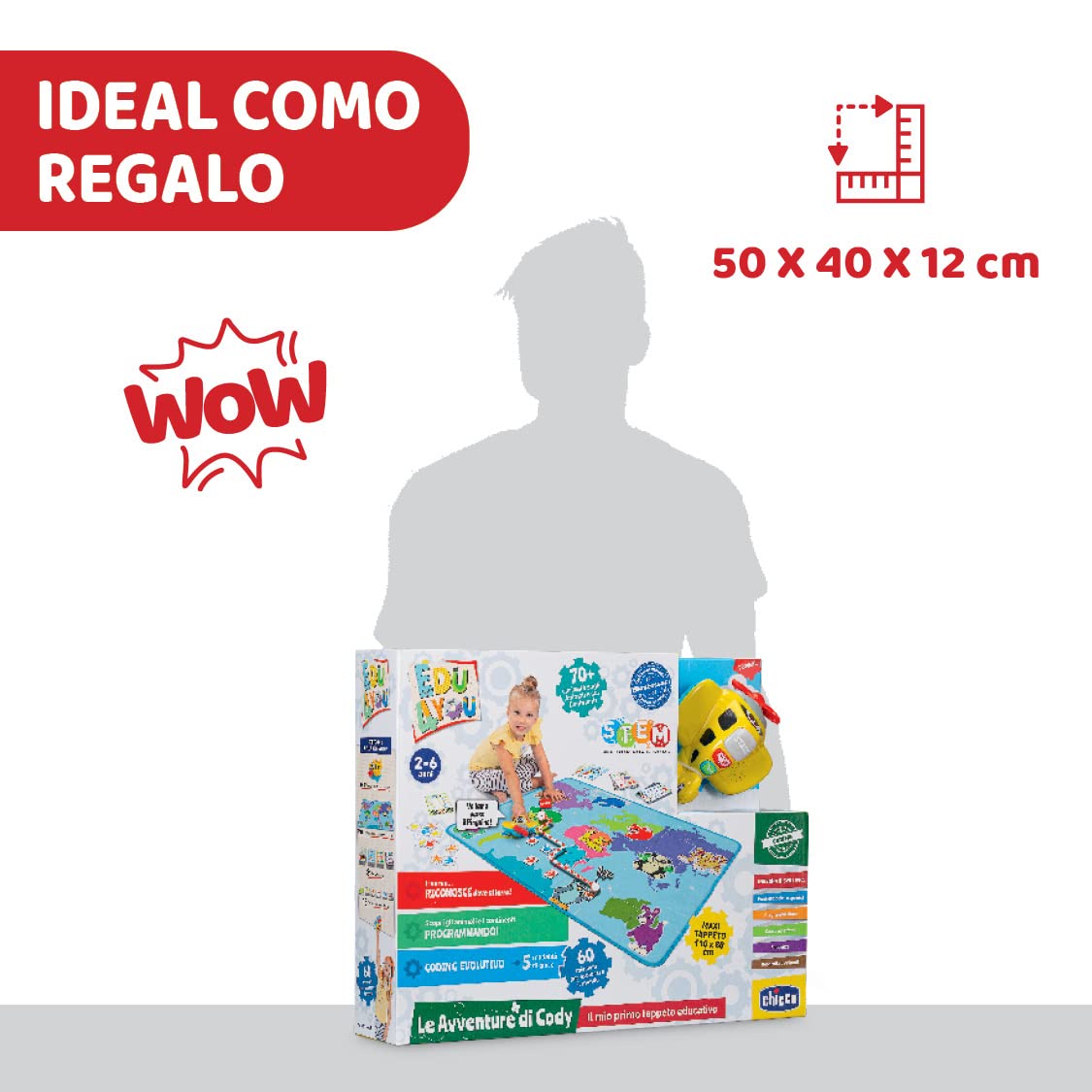 Chicco Cody Avión de Aventuras, Juego Educativo Edu4You con Alfombra de Juego Aprende a Programar y Codificar con una Alfombra Infantil de Gran Tamaño 110 x 80 cm Juguete para Niños de 2 a 6 Años