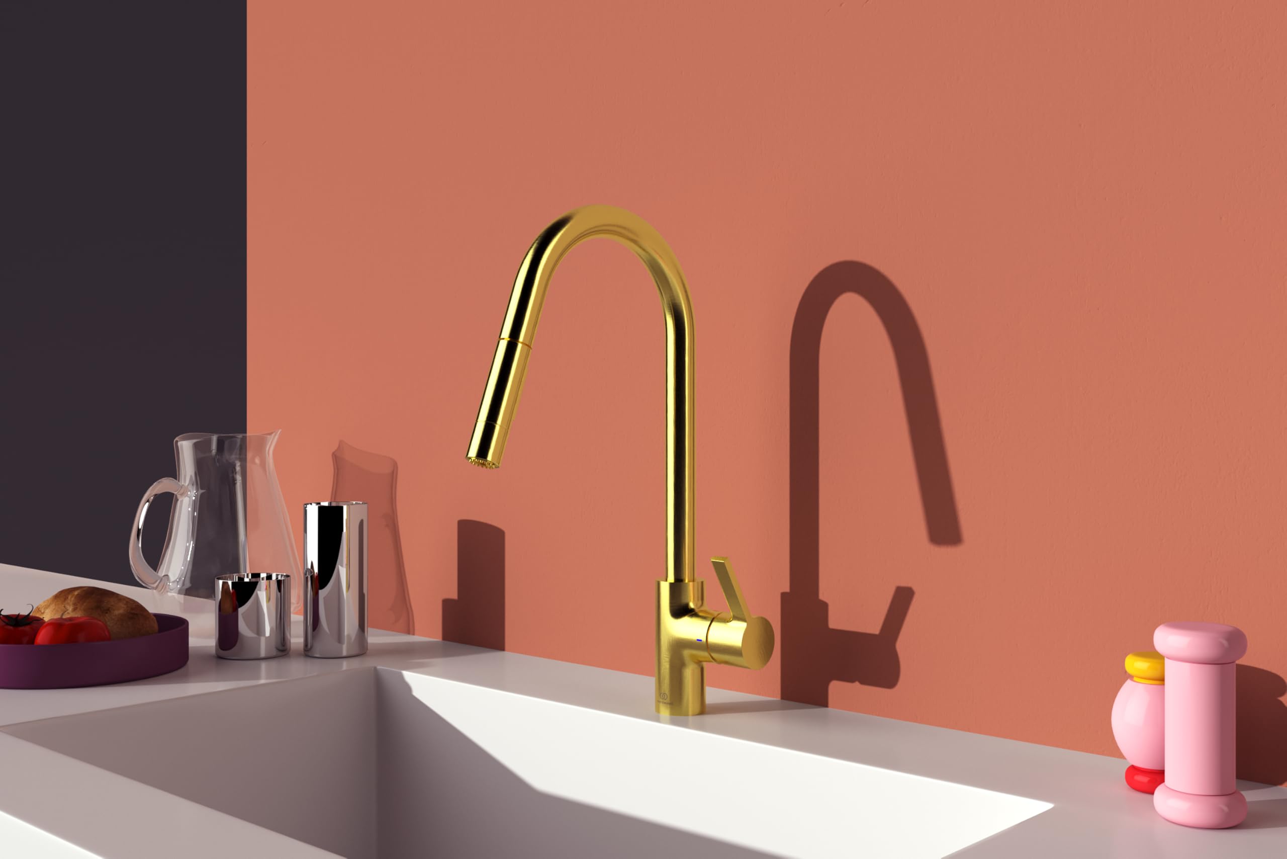 Ideal Standard – Gusto Monomando de cocina, Caño redondo en C, con rociador extraíble y dos modos de chorro, caño giratorio 360°, fácil de instalar con fijación EasyFix+, Oro Cepillado