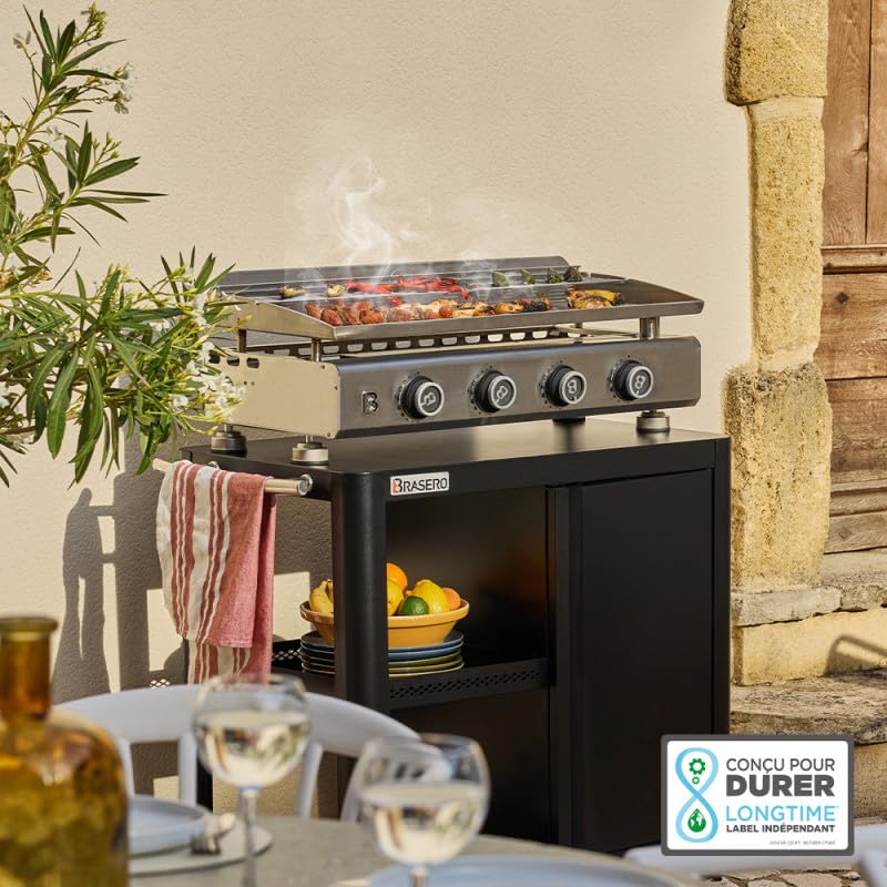 BRASERO BY FAVEX - Plancha gaz inox Silvia IIG Evo 4 feux – 10,6 kW – Plaque inox 84 x 34 cm – Chaleur homogène Stable Flame – 12 convives - Housse incluse – Certifiée LONGTIME®