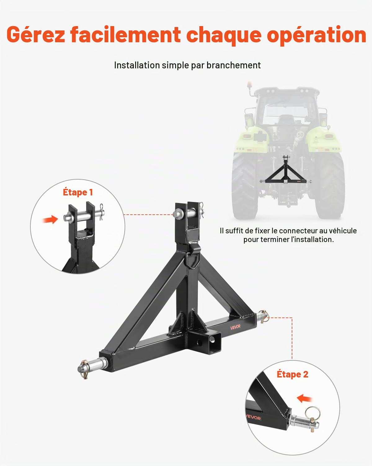 VEVOR Attelage 3 Points avec Récepteur 5 cm, Fixation Rapide 3 Points, Capacité 1360 kg, Adaptateur Barre de Remorquage Robuste pour Effectuer Travaux Agricoles pour Plupart Tracteurs à Attelage 5 cm