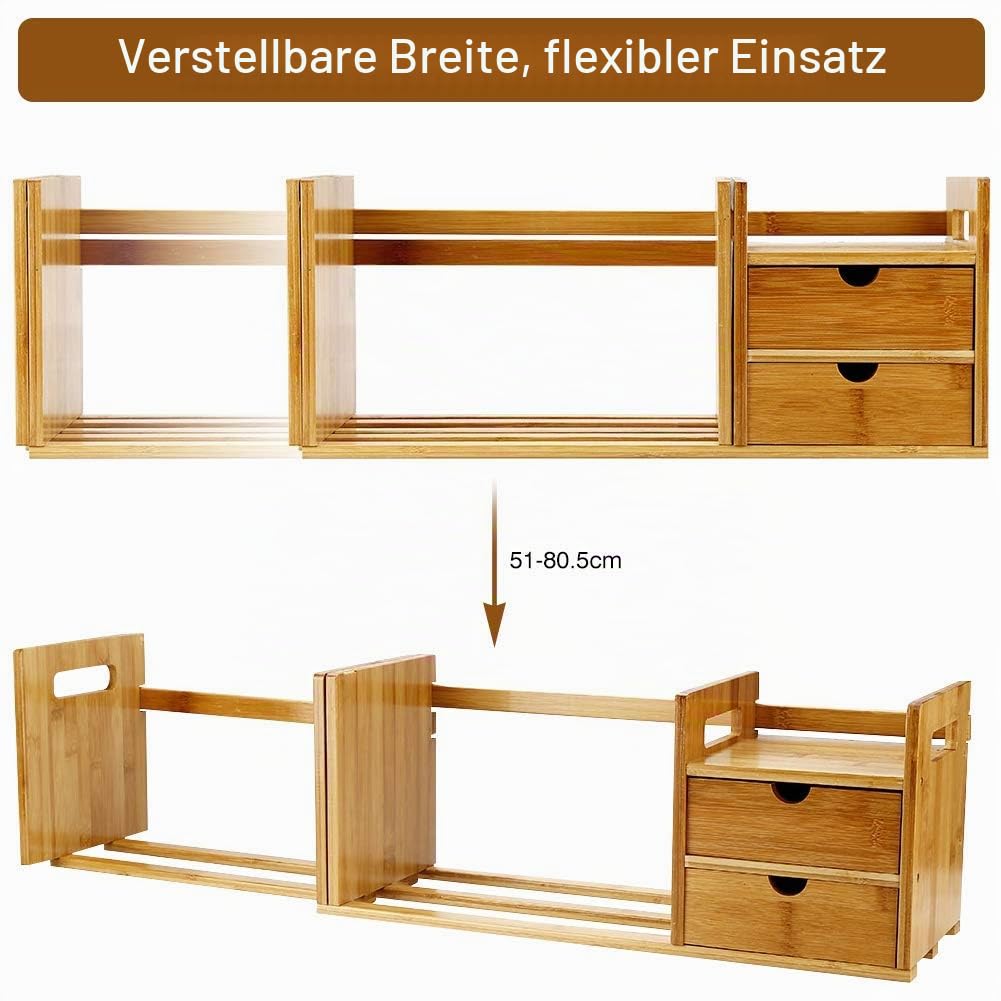 Bambus ausziehbares Schreibtisch-Bücherregal, verstellbar Holz, Schreibtisch-Organizer, Regal mit 2 Schubladen, natürliches Bambusholz Regalregal, DIY Mini Book Case mit 2 Schubladen
