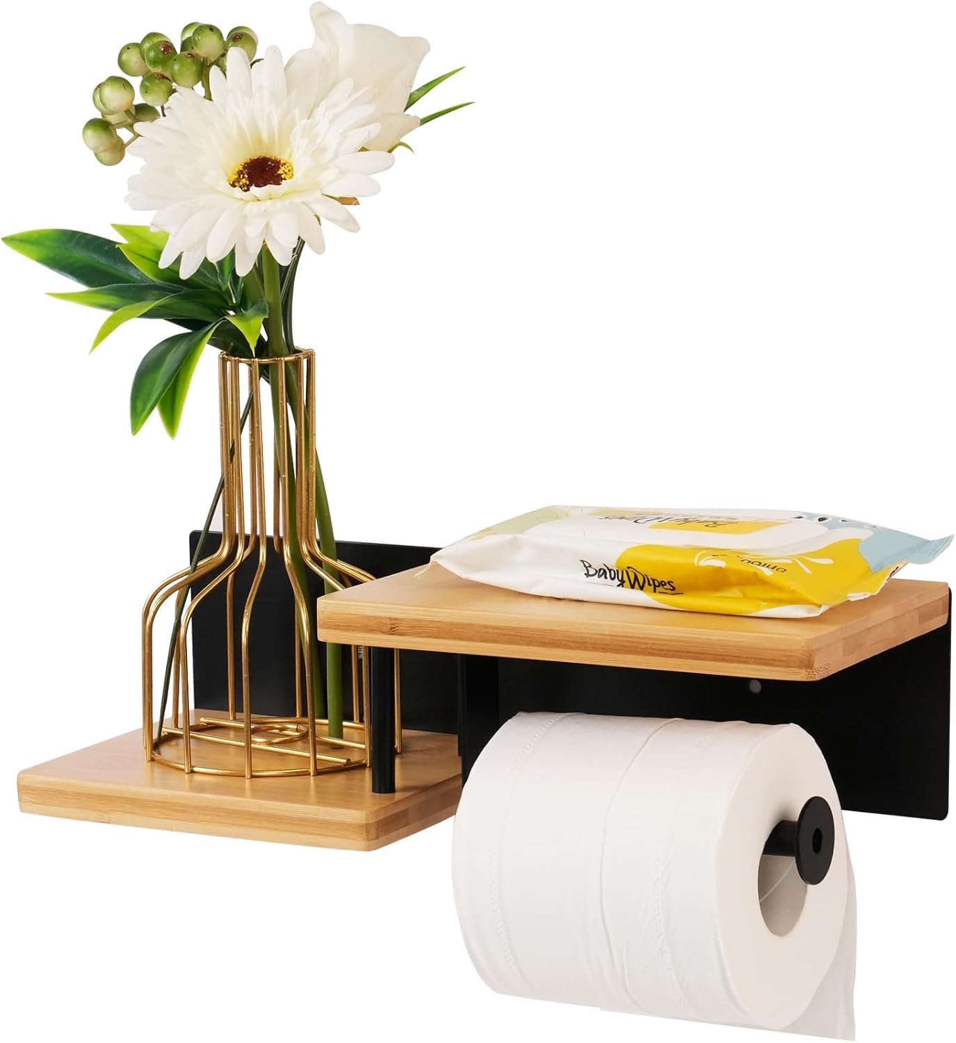 Support Papier Toilette Mural avec Ablage, Porte Rouleau en Bois sans Perçage, Distributeur Papier Toilette pour Salle de Bain et Cuisine
