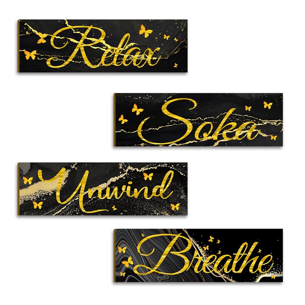 CTRLZS 4 PCS Bathroom To Relax Soak And Breathe Wall Art, Wooden Hanging Sign Rural Retro Farmhouse