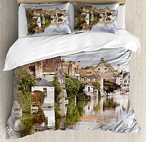 ABAKUHAUS Abstrait Ensemble de Housse de Couette, Bruges Vue sur Le Canal, Décoratif 2 Pièces avec 1 Taie d'oreiller, 130 x 200 cm - 70 x 50 cm, Multicolore