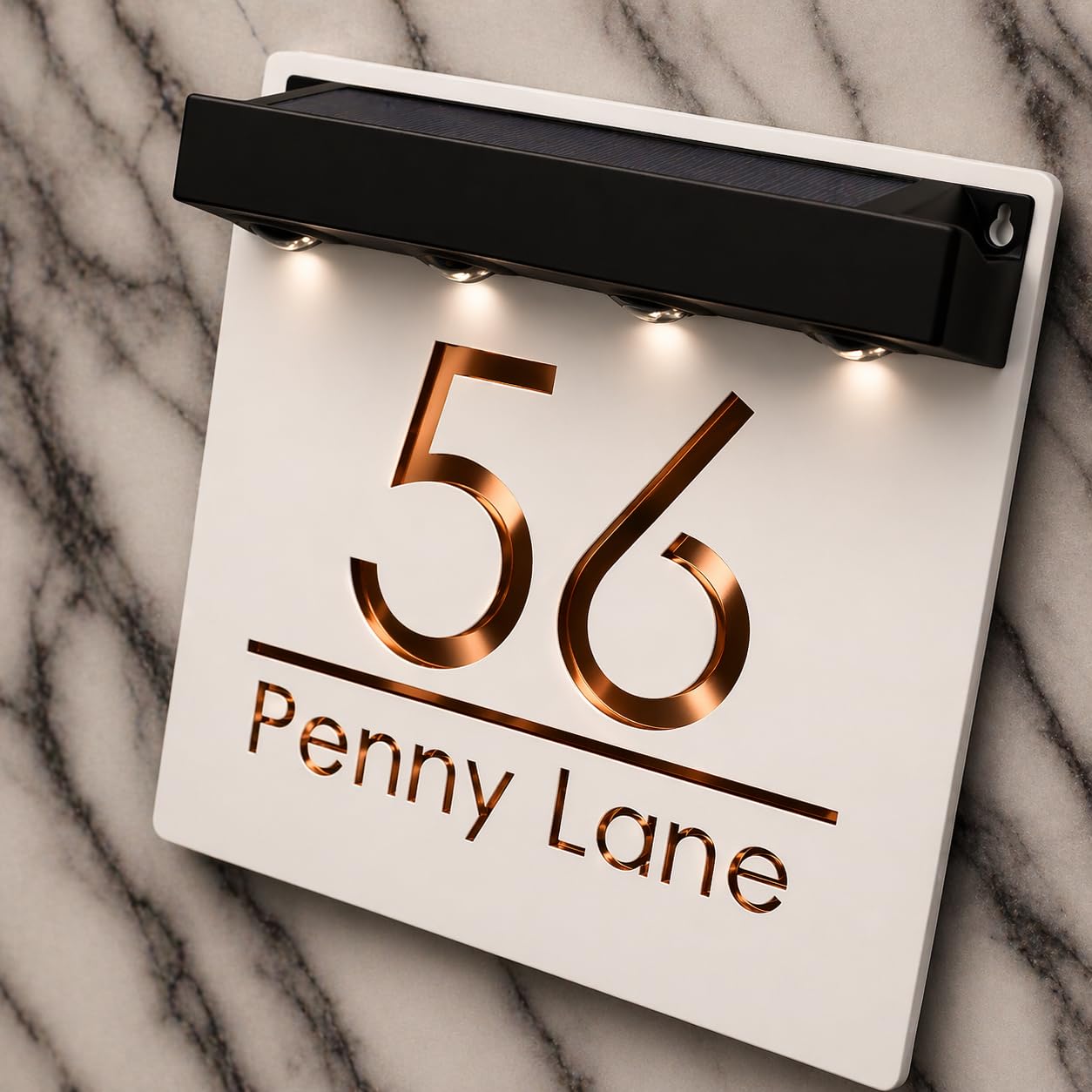 K Smart Sign | Bellissima S1 LED F31 | Square Solar Light House Signs Door Number Plaques With LED Personalised Name Address Sign For Wall (Matt White & Copper Mirror)