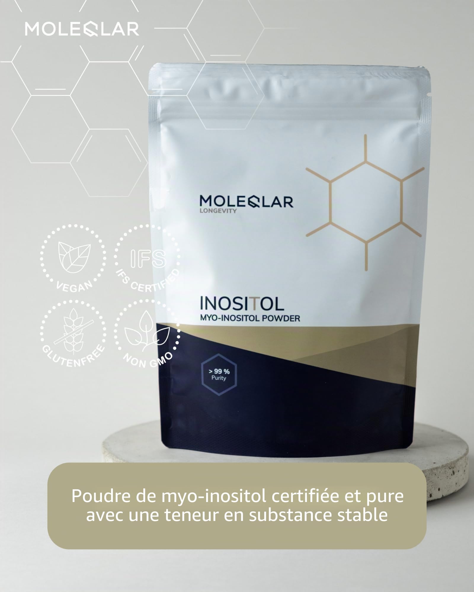 MoleQlar Myo-Inositol Poudre 300 g, Complément Alimentaire 5 g d'Inositol par Dose, Texture Fine Facile à Mélanger ou Mettre en Gélules, Usage Quotidien Pratique et Simple, 60 Capsules à Consommer
