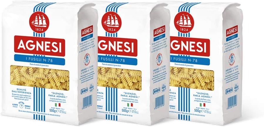 Agnesi Fusilli Pasta, 500 grams Pack of 3 l Imported from Italy l Low Calories l Zero Cholesterol l Zero Salt l No Added Sugar l Durum Wheat l