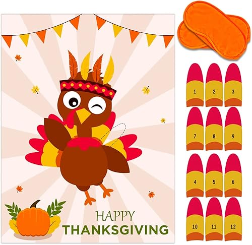 Juegos de fiesta de Acción de Gracias para niños, 26.5 x 20 pulgadas, Pin The Tail on the Turkey Game Juego de Acción de Gracias para la escuela,