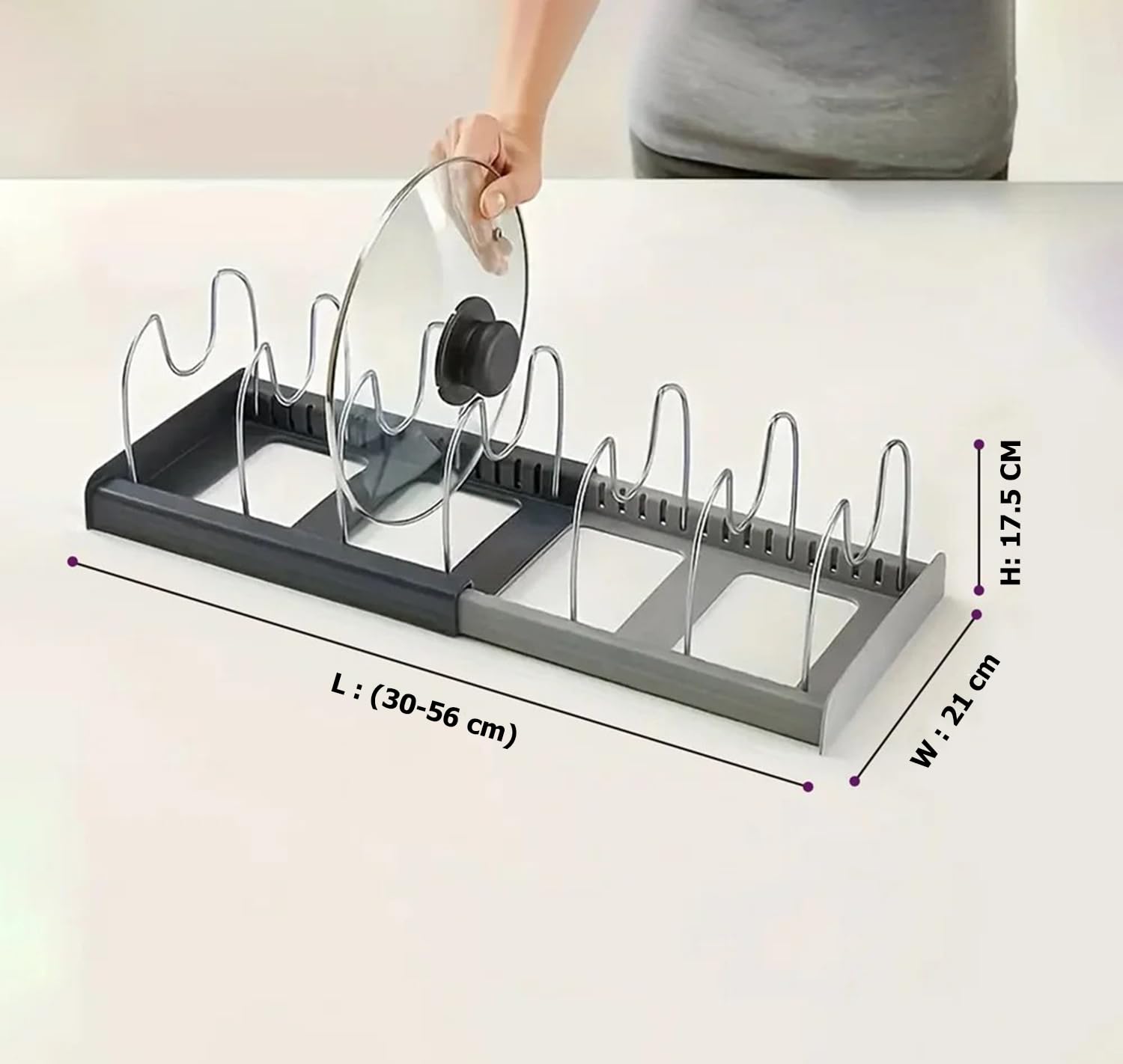 INOVERA (LABEL) Expandable Dish Rack for Kitchen - Steel Pan Pots Lid Holder with 7 Adjustable Compartment - Cabinet Organizer (Black)