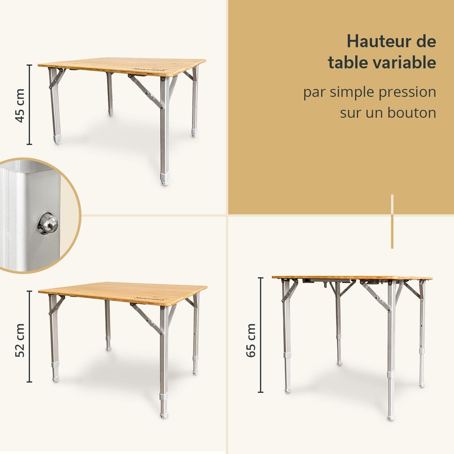 Skandika Table de Camping en Bambou Tolja | Table Pliante, différentes Tailles, réglable en Hauteur, alu, Bois, résistante aux UV et intempéries | Table Pliable pour Jardin, Balcon (65 x 50 x 65 cm)