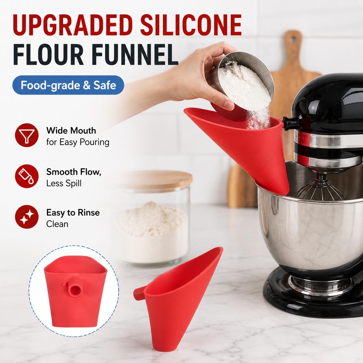 4Pcs Silicone Mixer Accessories for KitchenAid 5 Quart Stand Mixer,including a mixer sliding mat, a collapsible vertical mixer silicone bowl liners with lid, and a silicone flour funne