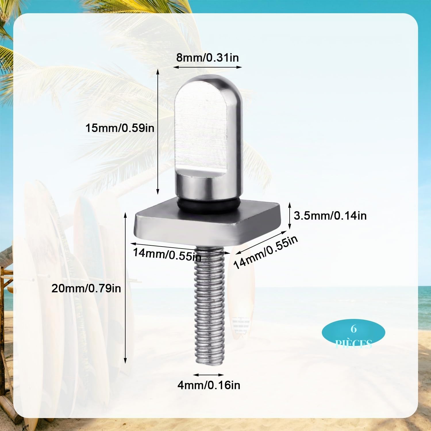 6 Pièces Vis à Ailerons en Acier Inoxydable 316, Sans Outil Vis à Ailerons de Planche de Surf avec Joints Toriques Planche à Pagaie Remplacement pour SUP Paddleboard Longboard Surf Accessoires