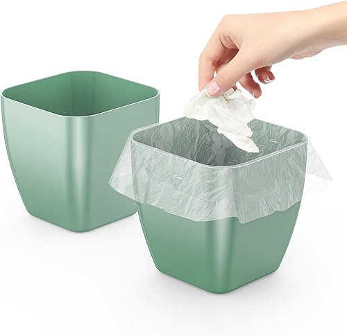 Paquete de 2 botes de basura pequeños, cuadrados verdes, 0.4 galones, perfecto para oficina, baño, cocina, encimera, escritorio, organizador de