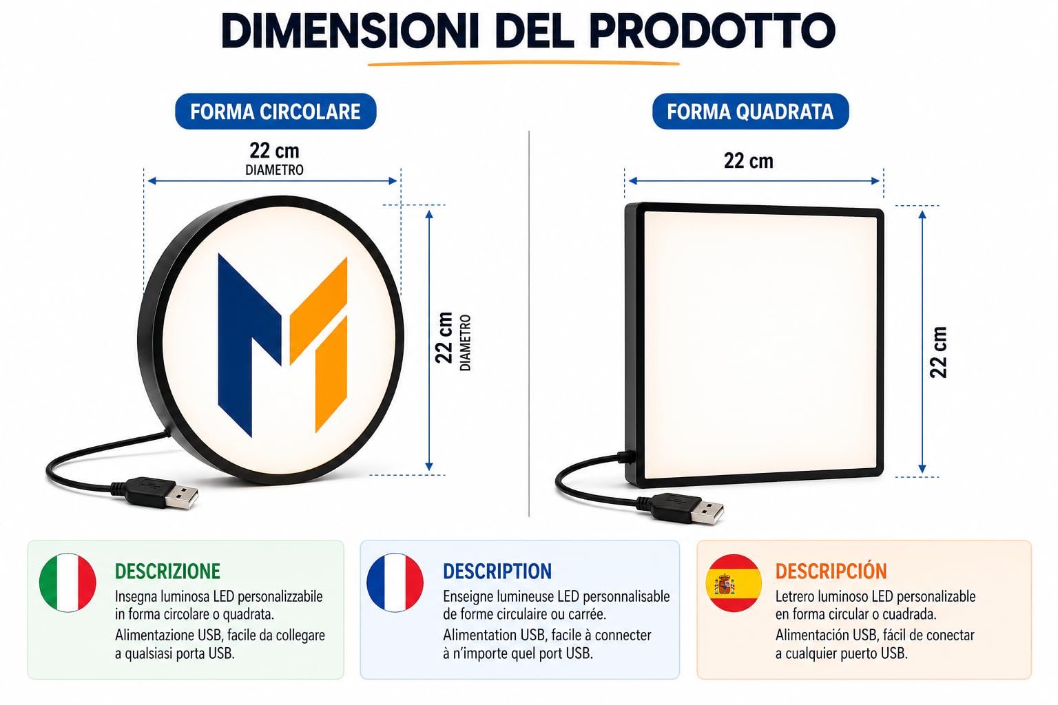 Insegna LED Personalizzata con Logo – Lightbox Luminosa 3D 22x22 cm da Parete o Scrivania, USB, Idea Regalo Aziendale, Ufficio, Negozio