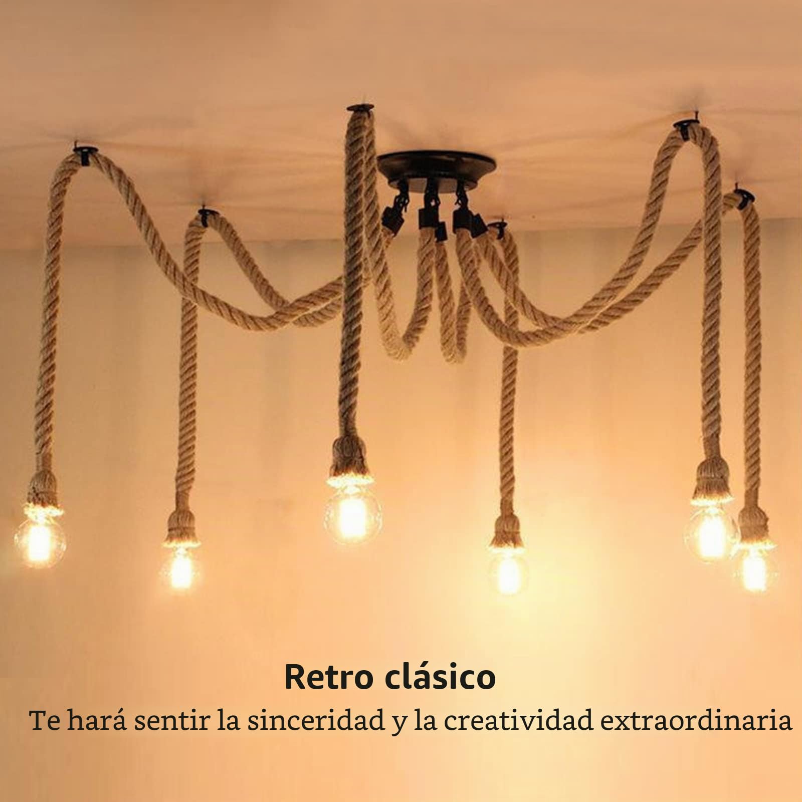 Lámpara de araña industrial retro de cuerda de cáñamo, lámpara colgante Hemp Rope Light con 1/3/6 luces, cuerda de cáñamo DIY vintage colgante con portalámparas E27, para sala de estar