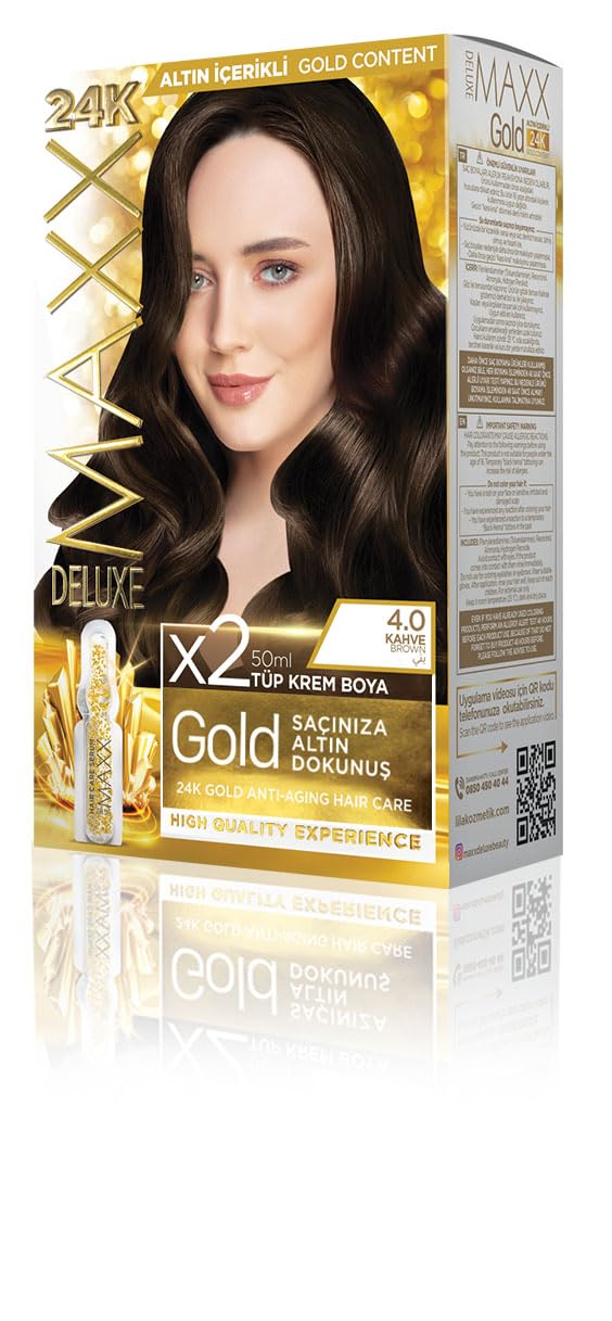 MAXX DELUXE Gold serisi 24K Altın Parçacıklı Serum ile 1 Kutu 2 x 50 ml ve Geliştiriciler Saç Boyası (KAHVE 4.0)