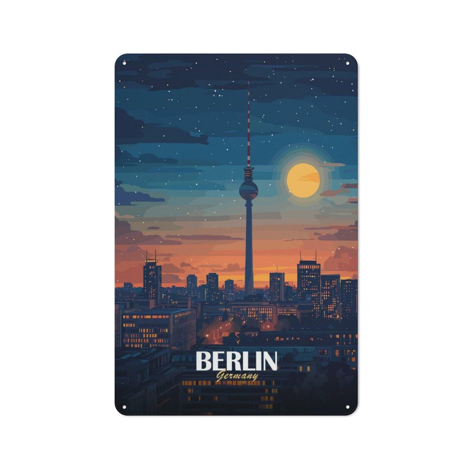 Junmoney Berlin, Germany Cityscape At Night Country Vintage Metal Wall Decor 30X20cm, Decorative Tin Sign For Cottage, Kitchen, Hallway Or Breakfast Nook