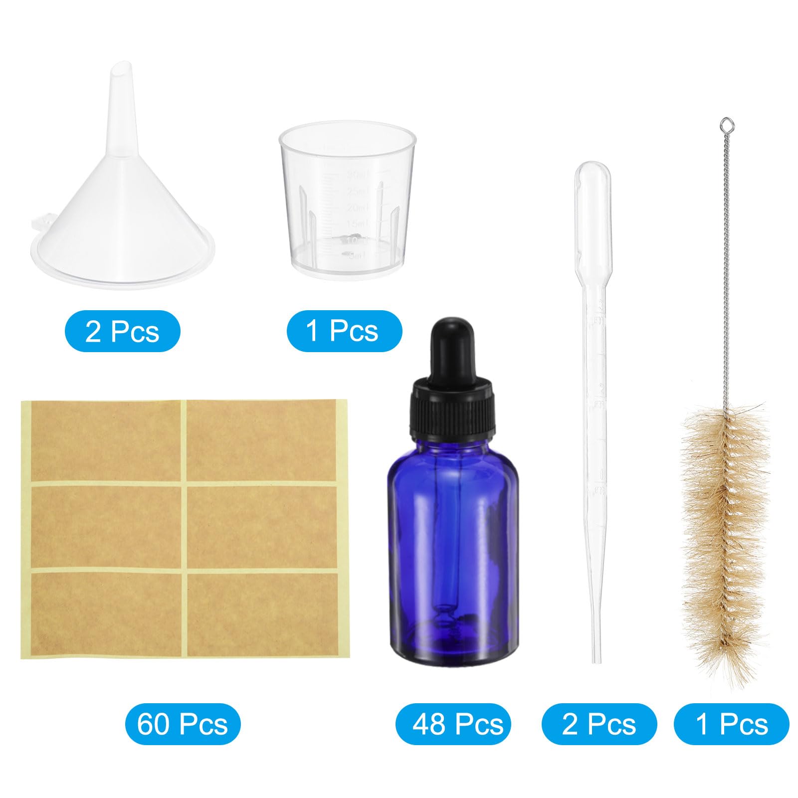 PATIKIL 30ml Glas Pipettenflasche 48 Stück Dichte Augentropfer Ätherische Öle testen Flüssigkeitsbehälter Mit Pinsel Pipette Etikett Trichter Messbecher Für Aufbewahrung Zuhause Reisen Bla