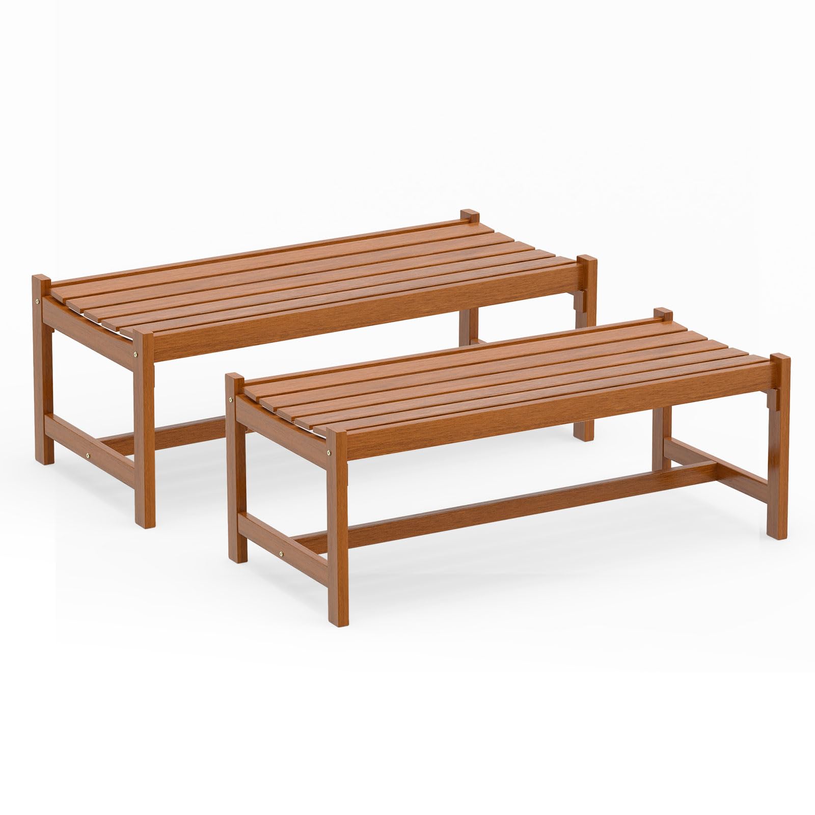 COSTWAY Wooden Garden Bench, 2 Seater Outdoor Bench with Slatted Curved Seat, Farmhouse Backless Small Bench Chair Leisure Porch Seating (2)