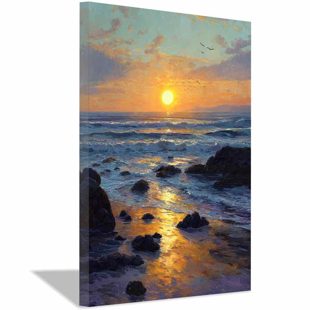 HOQIU Beautiful wall art Coastsal Sunset Glow canvas artwork for wall, art prints, For living room, bedroom, bathroom, dining room, painting and decor.(Multicolor)-60x80cm Framed