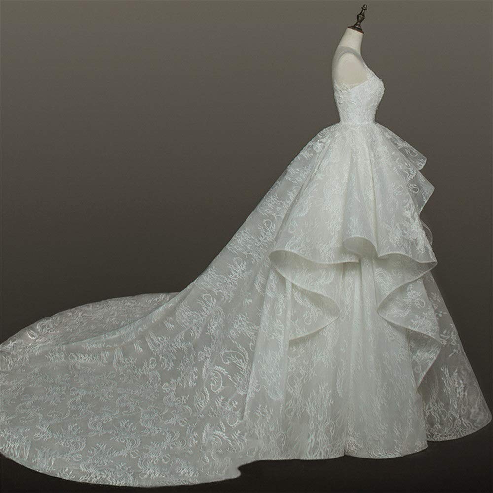Femmes Fleurs Dentelle Appliques Volants Balayage Robe de Mariée Robe de Mariée Dos Nu Robe de Mariée Dentelle Robe de Mariée, Ivoire, XXL
