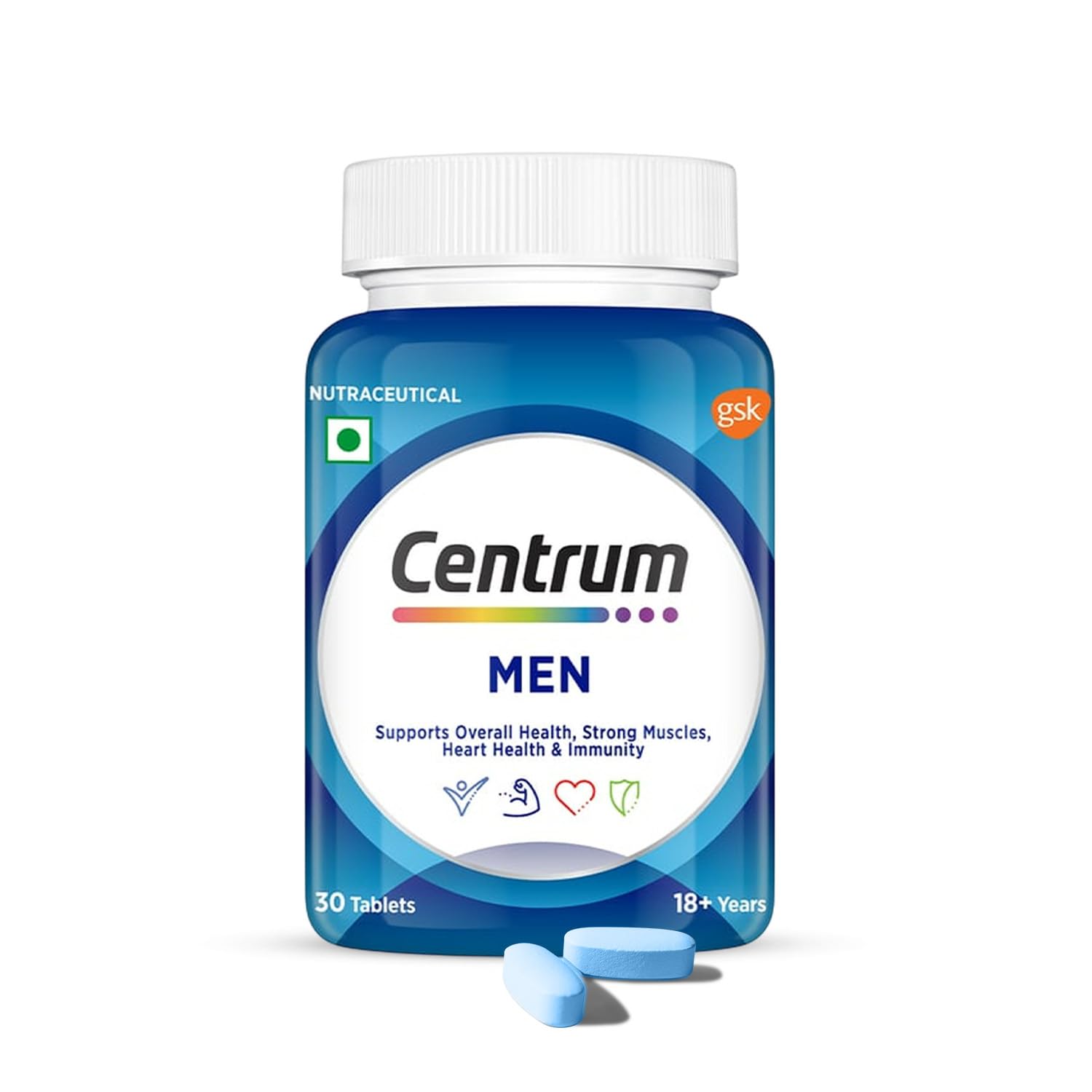 Centrum Men Tablet, World'S No.1 Multivitamin With Grape Seed Extract, Vitamin C & 21 Other Nutrients For Overall Health, Strong Muscles & Immunity (Veg) 30S, 43 Grams