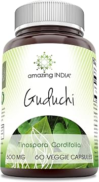 مكمل غذائي Amazing India Guduchi 500 Mg | كبسولات نباتية من Tinospora Cordifolia | خالية من الكائنات المعدلة وراثيًا | خالية من الجلوتين | صنع في الولايات المتحدة الأمريكية عبوة واحدة | 60 عبوة