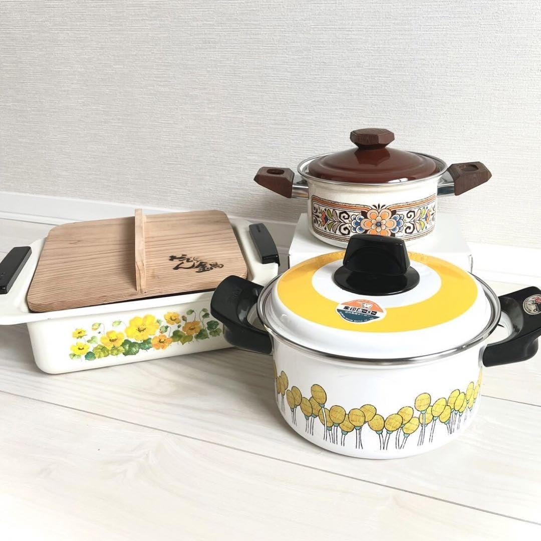 Amazon.co.jp: 昭和レトロ ホーロー 鍋 おでん鍋 3点セット 花柄 黄色