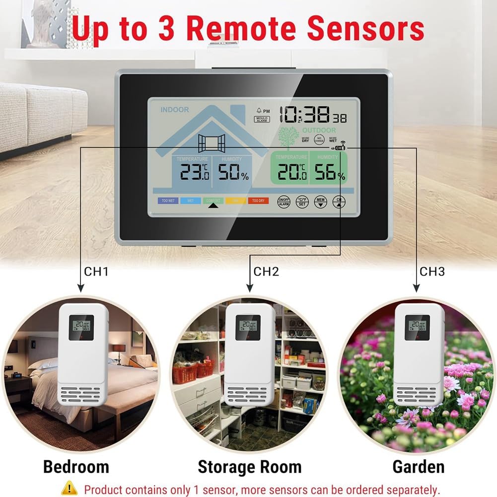 Termometri e Umidità Interni Ed Esterni con Allarme Muffa, Stazione Meteorologica Elettronica con Schermo Touch Button e Sveglia Meteo.