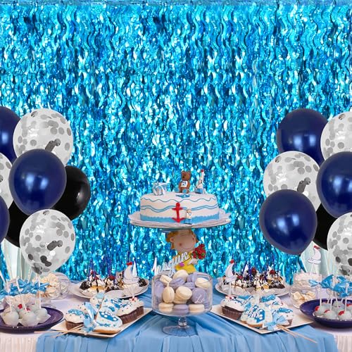 Image of TONIFUL 2Pcs Wavy Metallic Tinsel Foil Fringe Curtains Teal Blue Streamer Backdrop for Photo Booth Props,Party Door Wall Curtains,Bachelorette,Underwater World Birthday Party Decor (6.6ft x 6.6ft)