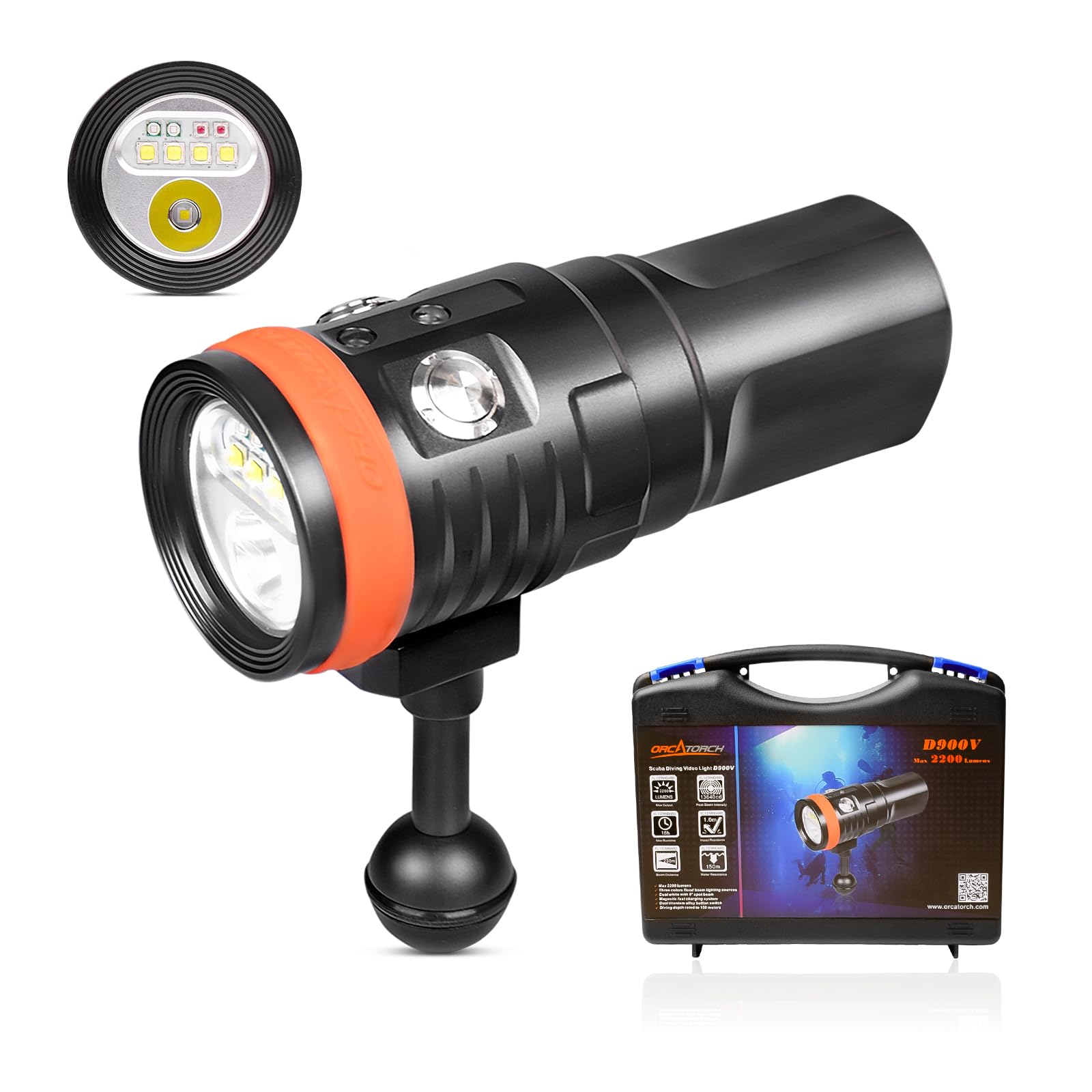 ORCATORCH D900V Underwater Video Dive Light - 2200 Lumens with 4 Colors, Red, UV, Neutral White 120° Flood Beam & Cool White 8° Spot Beam, Dual Titanium Alloy Switch, Battery Indicator for Photography