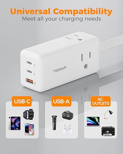 Miniatura 6 de TESSAN Estación de carga USB PD 65W, bloques de cargador USB C con 3 tomas de corriente AC, cargador rápido de escritorio para teléfono con enchufe