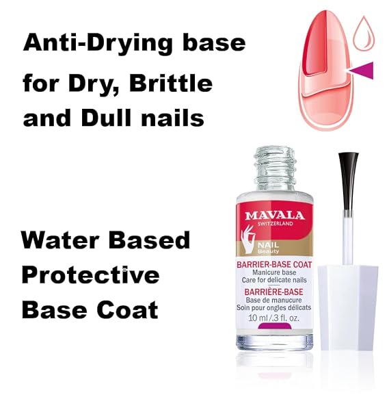 MAVALA Base Coat, Barrier for Sensitive, Delicate, and Dry Nails | Prevents Dehydration, Splitting and Breaking | Keratin, Calcium, and Silk Amino Acids Complex, 0.3 Fl Oz