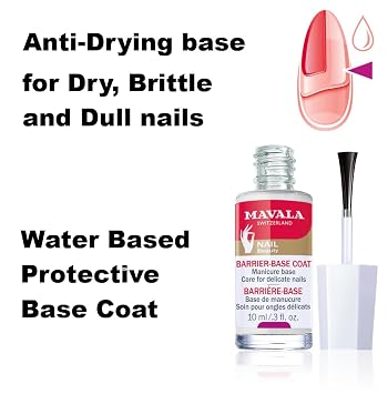 MAVALA Base Coat, Barrier for Sensitive, Delicate, and Dry Nails | Prevents Dehydration, Splitting and Breaking | Keratin, Calcium, and Silk Amino Acids Complex, 0.3 Fl Oz