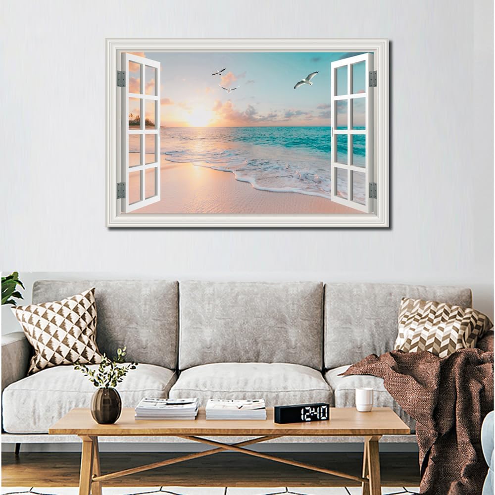 Beach Wall Art Pictures for Living Room Ocean Theme Canvas Wall Decor Window Frame Style Sunset Painting for Bedroom Large Sea View Print for Bathroom Office Home Decoration, Ready to Hang(32"*48")