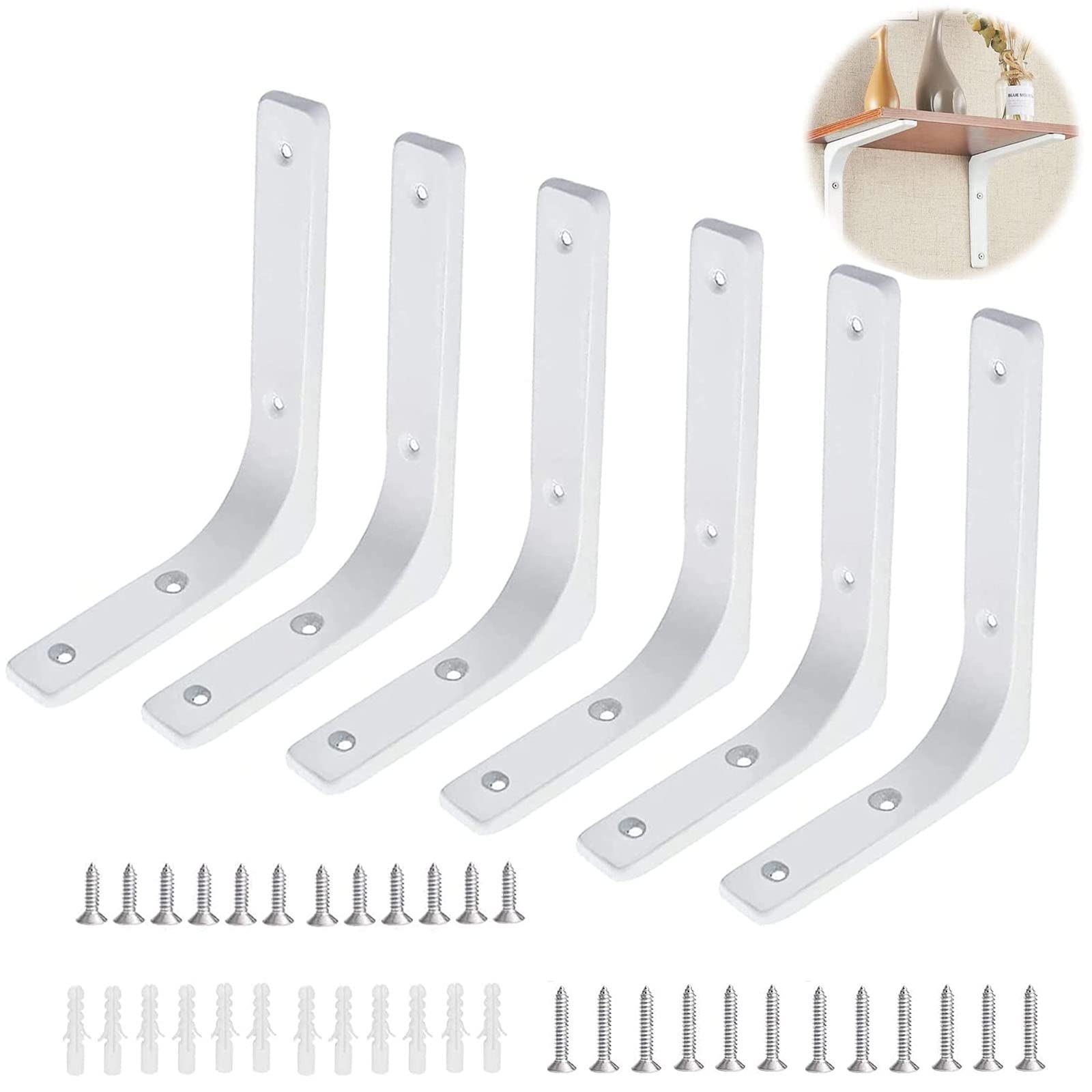 SAMSYOKI 6pcs Escuadras para Estanterias Soportes para Estantes de Pared de Metal Soporte de Esquina con Tornillospara Baldas para Cocina Dormitorio Balcón 150x125mm (Blanco)