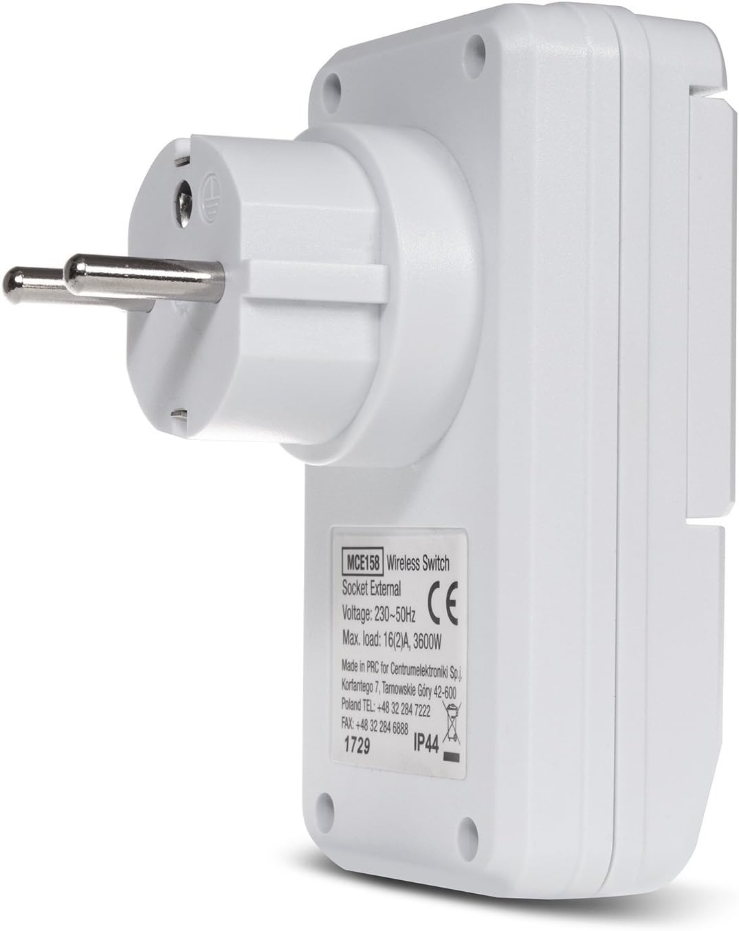 Back of Maclean MCE158 Wireless Outdoor Socket showing specifications label