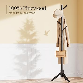 Pipishell Solid Wooden Coat Rack Freestanding with 8 Hooks, Black