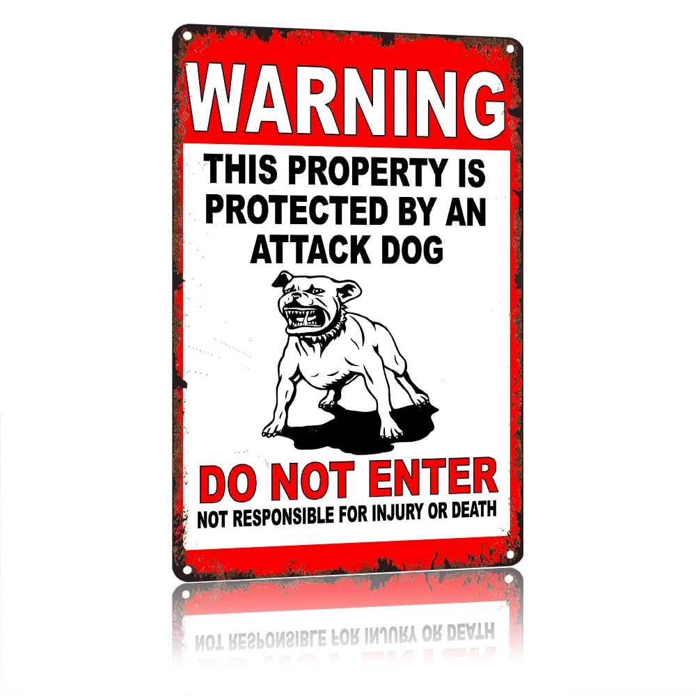peiyeety WARNING Vintage 12X8in Aluminum Metal Sign This Property Is Protected By An Attack Dog DoEnter Wall Decor, Funny Warning Sign For Home Yard Garden Property Outdoor Decor