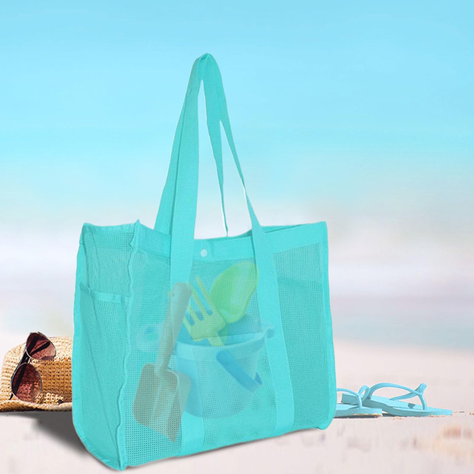 Siatkowa torba plażowa, duża, odporna na piasek, torba na zakupy, wielokrotnego użytku, organizer 36 x 33 x 7 cm, na zabawki, sprzęt pływacki, podróże, kemping, rejs, wakacje, rodzinę, kobiety, dzieci