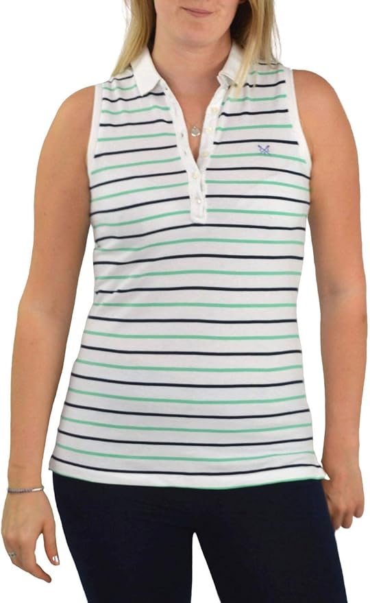 Crew Clothing Womens Sleeveless Polo Shirt Peppermint Navy Stripe White