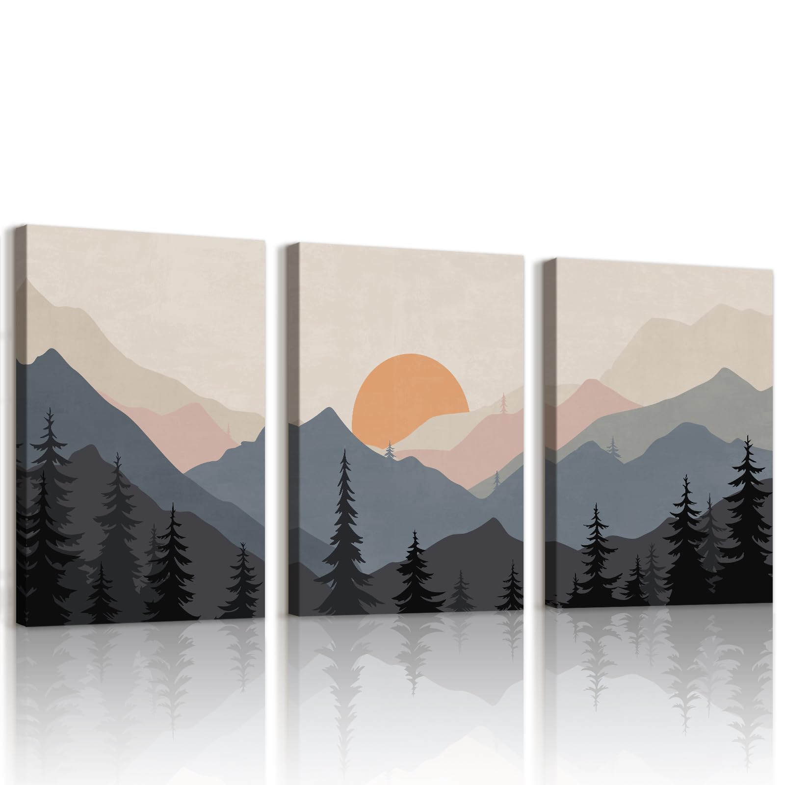 WENGTIAO Set of 3 Vintage Watercolor Mountain Landscape Canvas Wall Art Framed Pictures, Abstract Sunset Nature Forest Painting on Canvas for Modern Living Room Bedroom Wall Decor 30x40cmx3